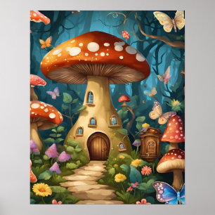 Poster Forêt enchantée de papillon de champignons