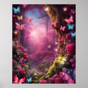 Poster Forêt enchantée Magie FUSHIA papillons fleurs