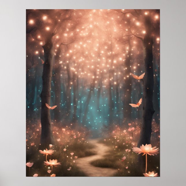 Poster Forêt enchantée TURQUOISE PEACH PETITS LUMIÈRES (Devant)