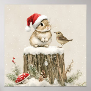 Poster Forêt enneigée Bois hivernal Noël Lapin Oiseau