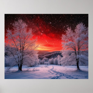 Poster Forêt enneigée en hiver sous un coucher de soleil 