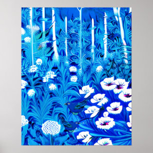 Poster Forêt fantastique avec des fleurs et des oiseaux