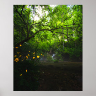 Poster Forêt magique avec fleurs jaunes et cascade