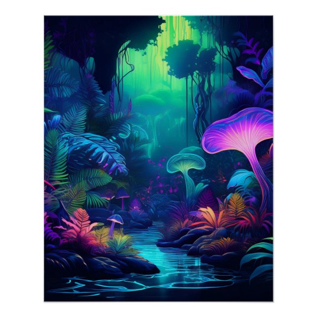 Poster Forêt mystique de néons avec champignons éclatants (Devant)
