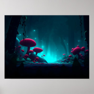 Poster Forêt nocturne de champignons magiques lumineux