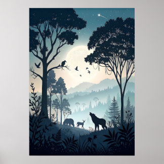Poster Forêt nocturne mystique avec faune silhouettée