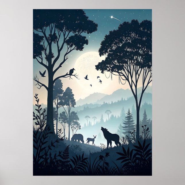 Poster Forêt nocturne mystique avec faune silhouettée (Devant)
