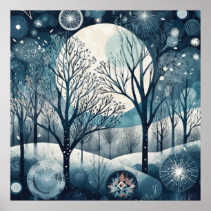 Poster Forêt nordique au clair de lune, nuit d'hiver