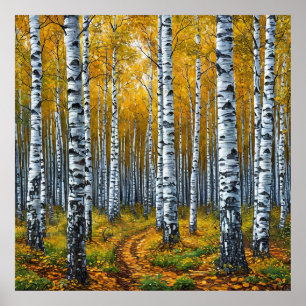 Poster Forêt pittoresque de bouleaux à l'automne