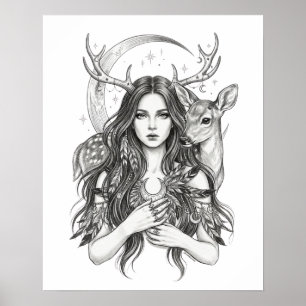 Poster Forêt Slave Mystique Déesse Lune & Cerf Vinyle S