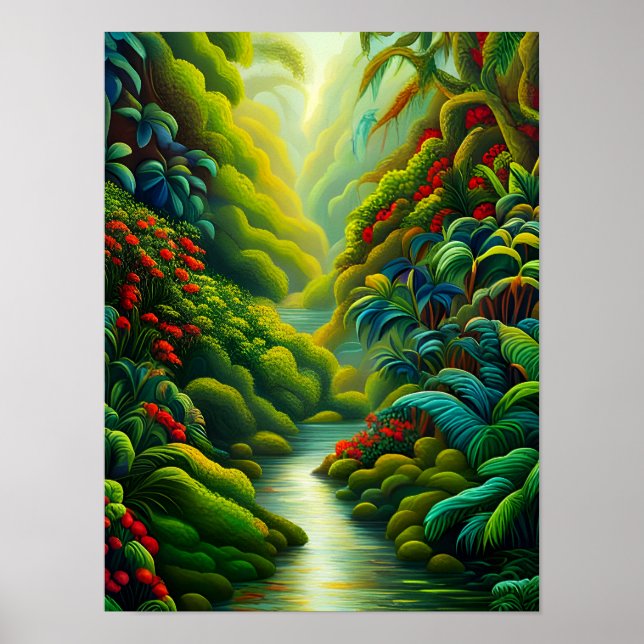 Poster Forêt tropicale luxuriante avec fleurs et ruisseau (Devant)