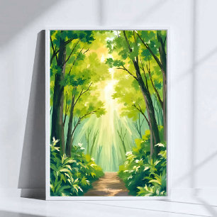 Poster Forêt verte luxuriante   Aquarelle de paysage natu