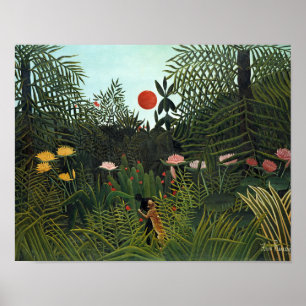 Poster Forêt vierge d'Henri Rousseau avec coucher de sole