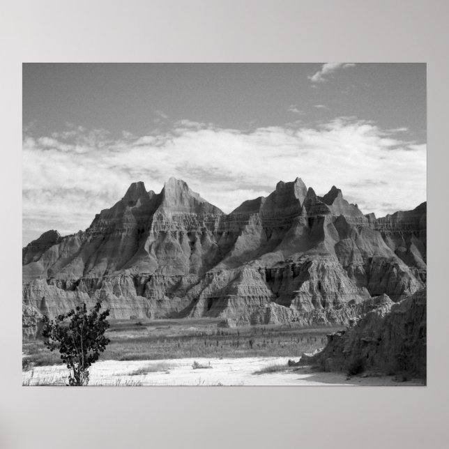 Poster Formations rocheuses des Badlands noirs et blancs  (Devant)