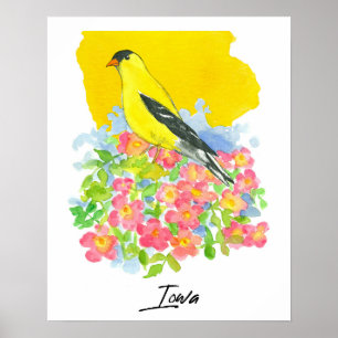 Poster Forme de l'Iowa Chardonneret jaune Roses sauvages 