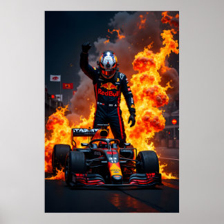 Poster Formula One Racing Champion Celebration with Fire