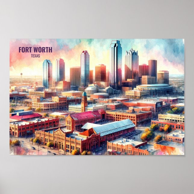 Poster Fort Worth Texas Famous Travel Places aquarelle (Devant)