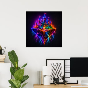 Poster Forteresse mystique lumineuse sur une île flottant