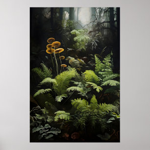 Poster Fougère de forêt profonde et champignons, humeur d