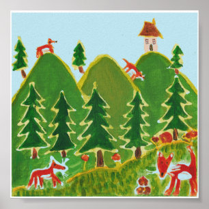 Poster Four Foxes on the hills painting