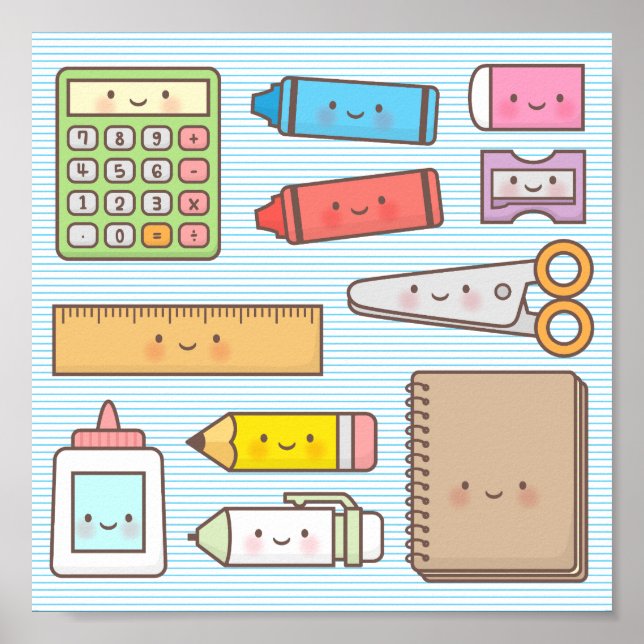 Poster Fournitures de rentrée scolaire pour enfants kawai (Devant)