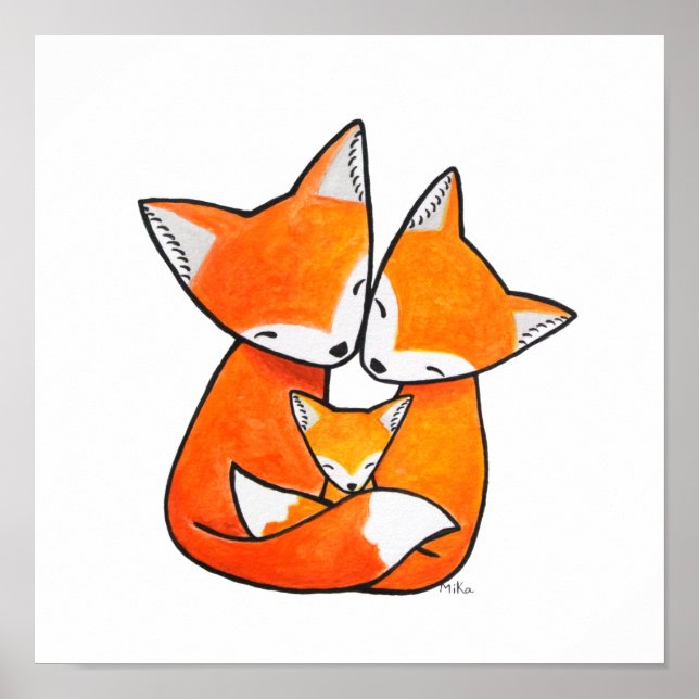 Poster Fox Family Nursery Art Papa Maman Baby Happy foxs (Devant)