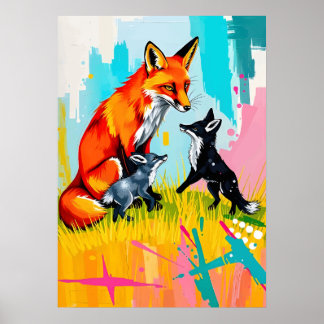Poster Fox Family Playtime - Neon Wildlife Pop Art