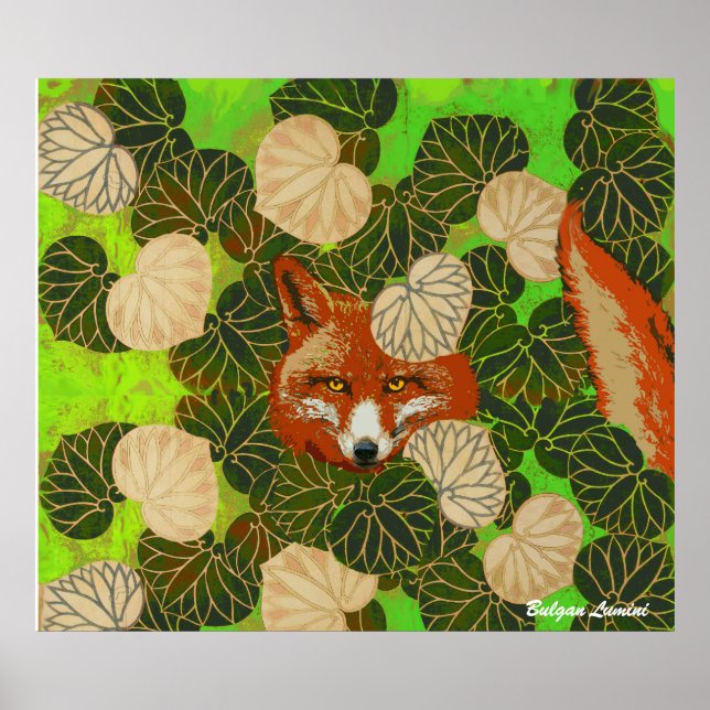 POSTER FOX ROUGE PARMI LES FEUILLES VERTS ET LE FOLIAGE (Devant)