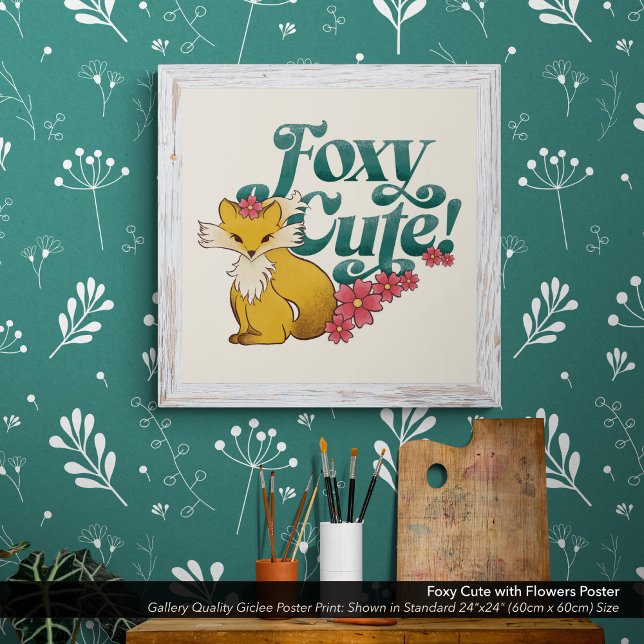 Poster Foxy Cute avec Fleurs (Foxy Cute poster print shown in the standard 24" x 24" dimensions. Choose the size best for you.)