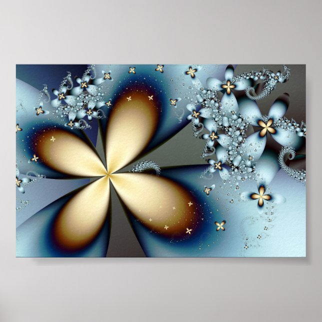 Poster Fractal Blue Gold Cute Abstrait Floral (Devant)