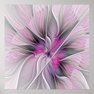 Poster Fractal Floral Moderne Abstrait Fleur Rose Gris