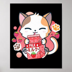 Poster Fraise Lait Chat Kawaii Anime Neko Cadeau Filles T