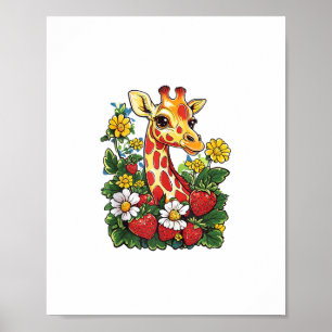 Poster Fraises de girafe et graphique de fleurs Mignon Gi