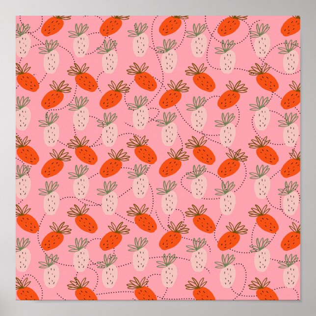 Poster Fraises motif gribouillé rose blanc    (Devant)