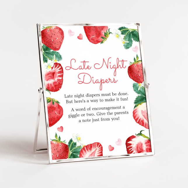 Poster Framboise Sucré Diapositives de nuit tardive (A Berry Sweet Strawberry Baby Shower Late Night Diapers Sign)