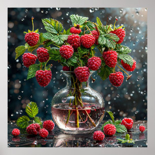 Poster Framboises fraîches et feuilles vertes