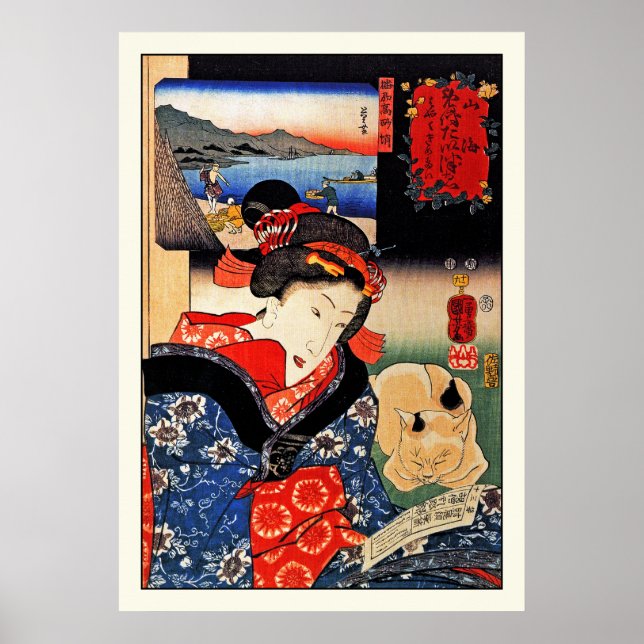 Poster: Frau mit Katze - japanische Kunst - Kuniyo Poster (Vorne)
