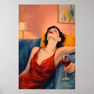 Poster Frau mit Wein, Entspannende Abendwandkunst