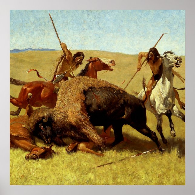Poster Frederic Remington Art de l'Ouest "Chasse au bison (Devant)