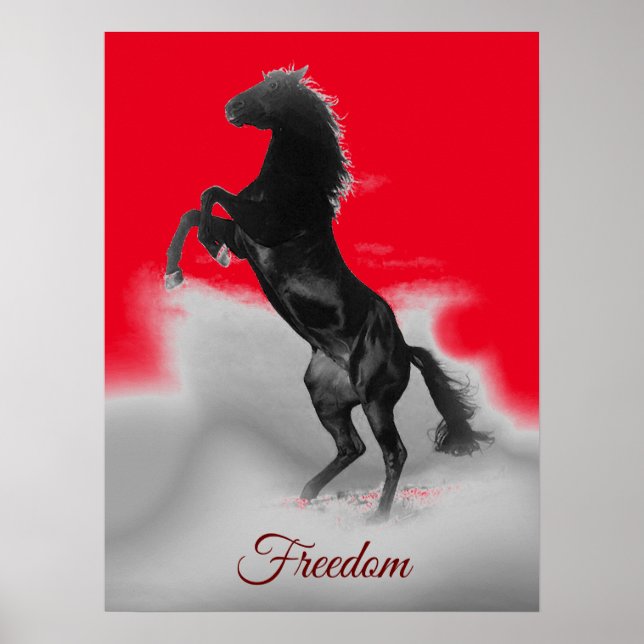 Poster Freedom Red Black Grey Rearing Horse Pop Art (Devant)