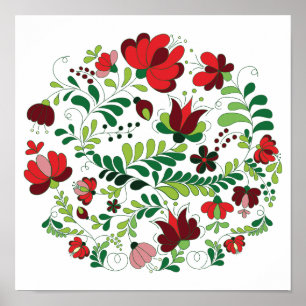 Poster Freehand  Hungarian Matyo Red and Green