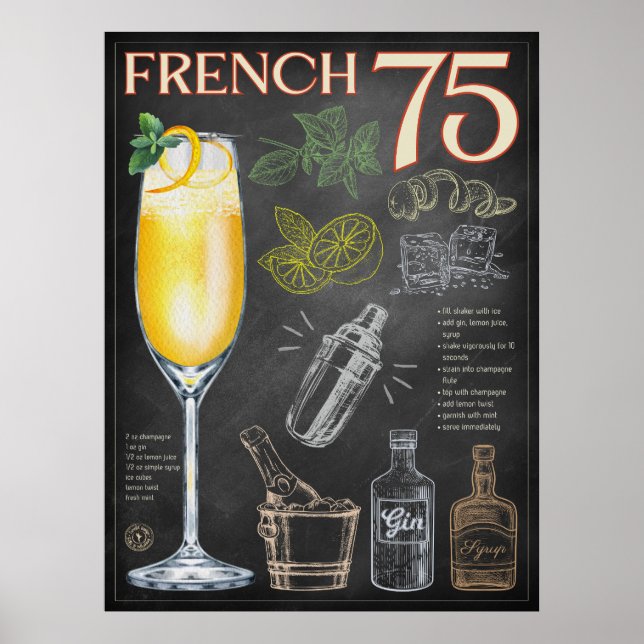 Poster French 75 Cocktail Recette Chalkboard Bar Art (Devant)