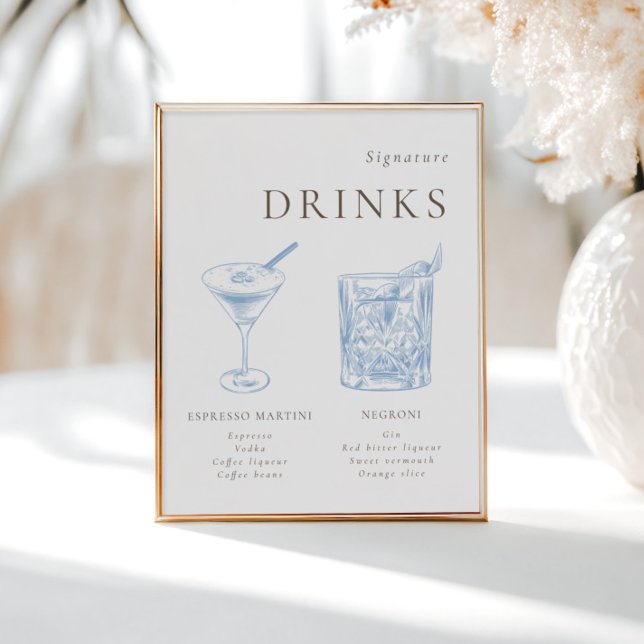 Poster French Blue Floral Line Art Signature Boissons (Créateur téléchargé)