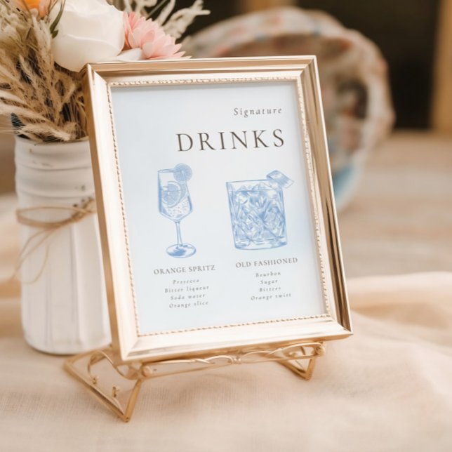 Poster French Blue Floral Line Art Signature Boissons (Créateur téléchargé)
