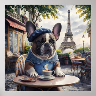 Poster French Bulldog dans un Café à Paris Whimiscal