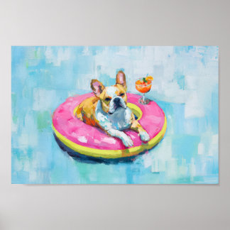 Poster French Bulldog Pool Flotter Art Imprimer : Chien d