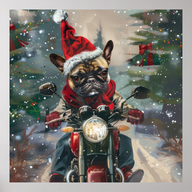 Poster French Bulldog Riding Moto Noël (Devant)