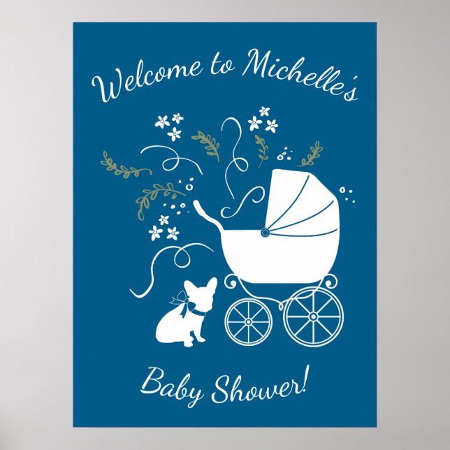 Poster French Bulldog Theme Party - Baby shower Blue (Devant)