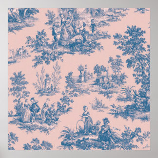 Poster French toile de jouy bleu et rose élégant