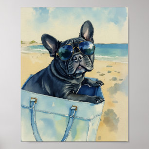 Poster Frenchie à la Plage Aquarelle